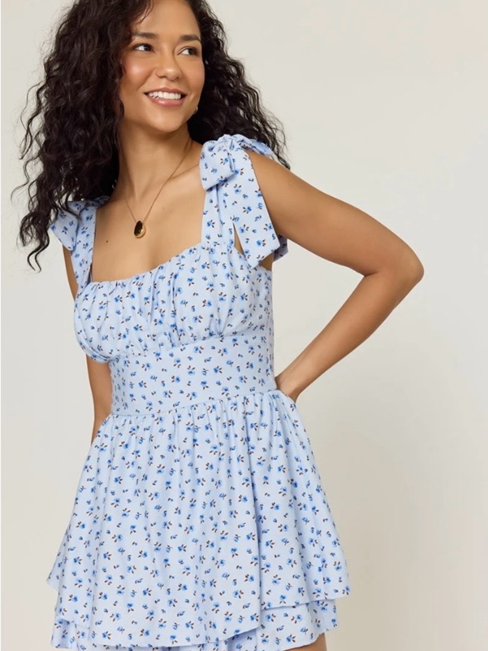 Francesca's Collections Light Blue Floral Tie-Shoulder Mini Dress